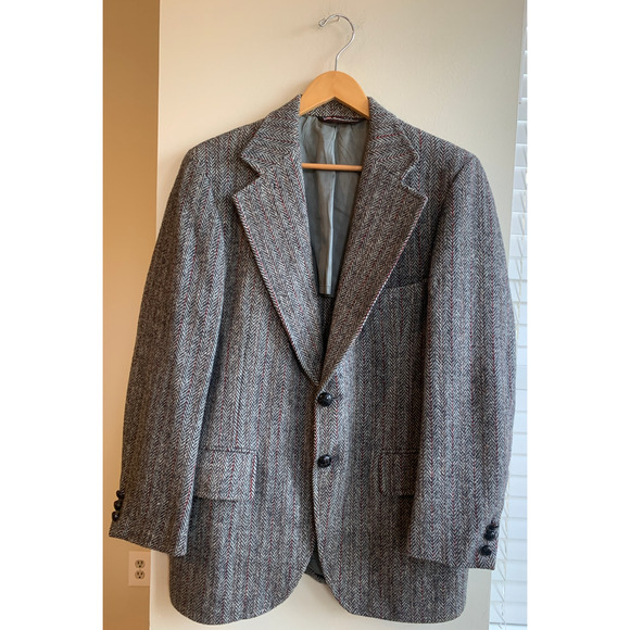 Vintage Gray Red Striped Harris Tweed 100% Wool Blazer Jacket Men's Medium - Picture 1 of 10